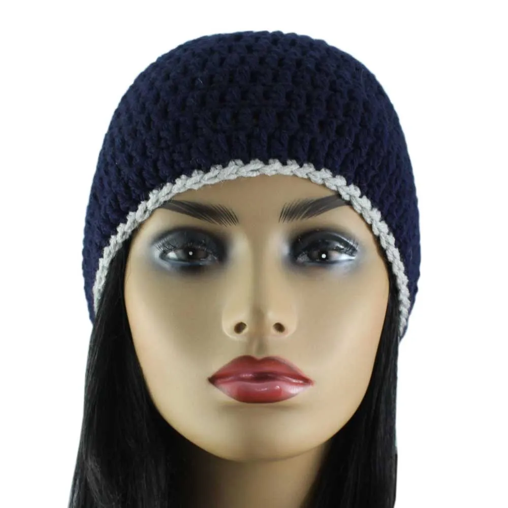 Navy Blue with Gray Top Crochet Beanie Hat Medium/Large - STXH23ML