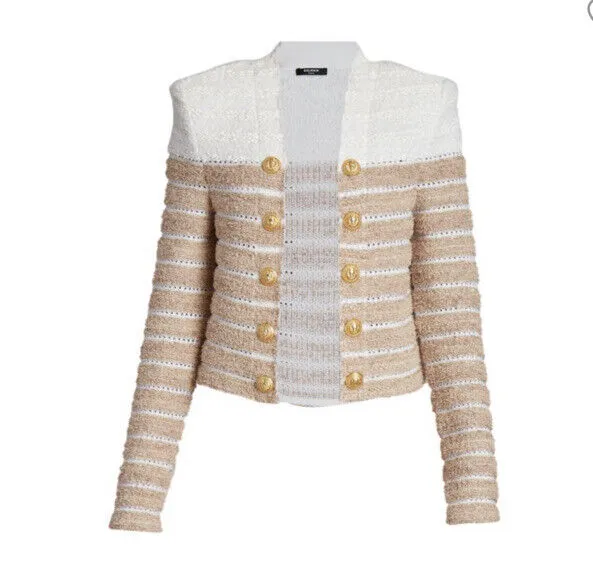 New $2795 Balmain Striped Metallic Tweed Jacket Beige/Multi 44/12 France