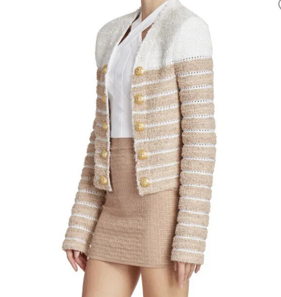 New $2795 Balmain Striped Metallic Tweed Jacket Beige/Multi 44/12 France