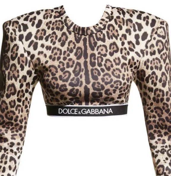 New $895 Dolce&Gabbana Leopard-Print Strong-Shoulder Cropped Sweatshirt 12 US