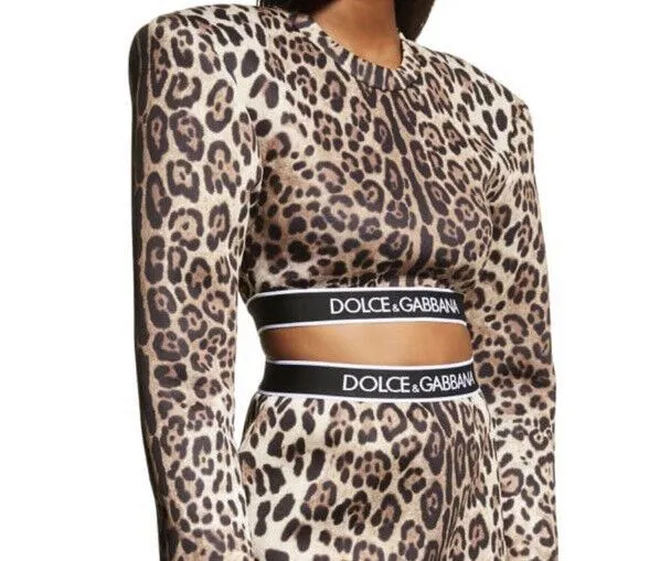 New $895 Dolce&Gabbana Leopard-Print Strong-Shoulder Cropped Sweatshirt 12 US