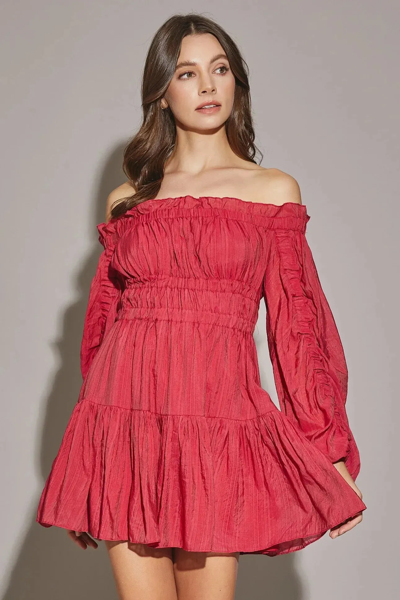 Off The Shoulder Shirred Tiered Hem Mini Dress