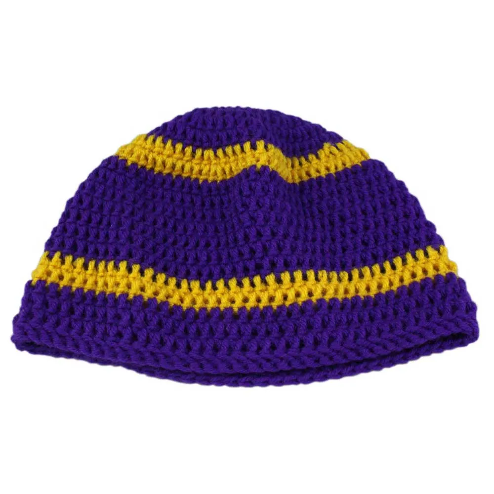 Purple and Gold Yellow Crochet Beanie Hat Medium/Large - JMCH02