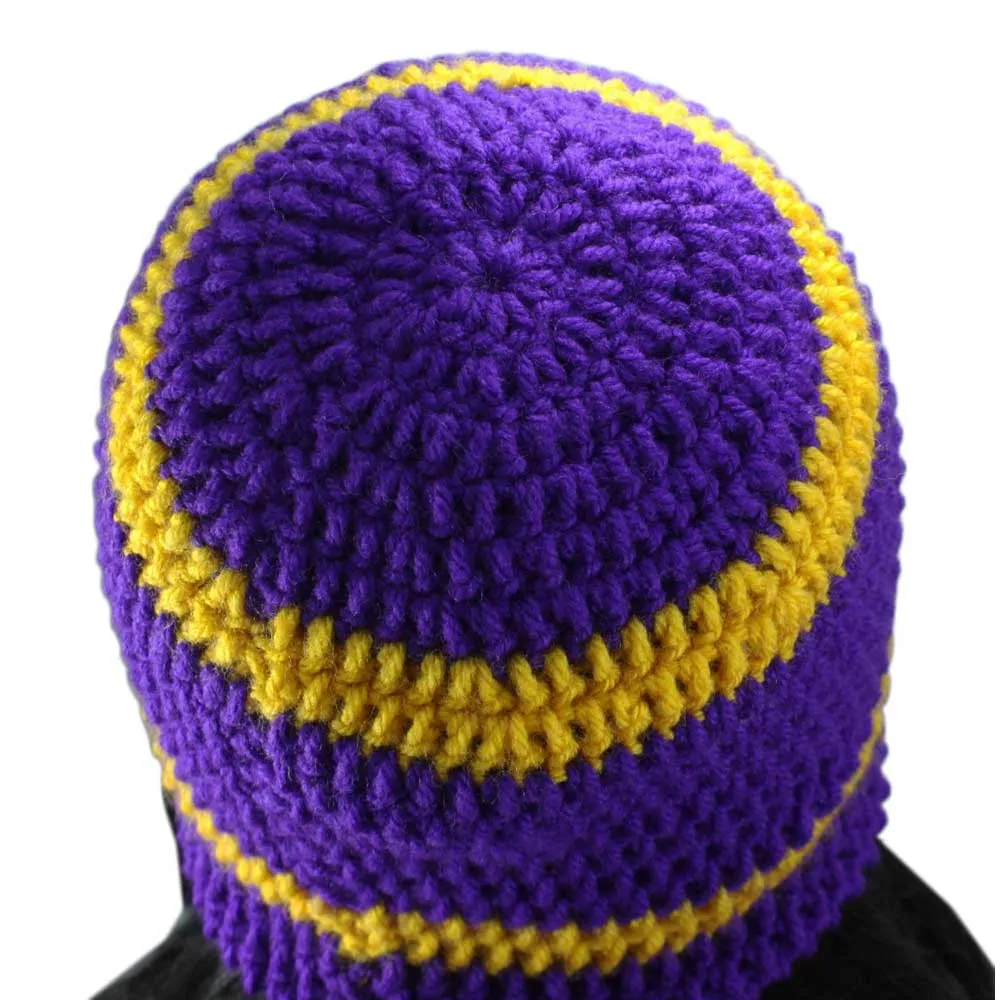 Purple and Gold Yellow Crochet Beanie Hat Medium/Large - JMCH02