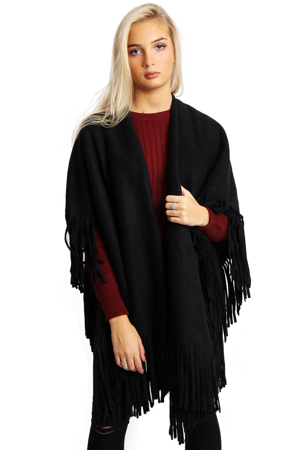 Soft Wooly Blanket Cape with Fringe Detail