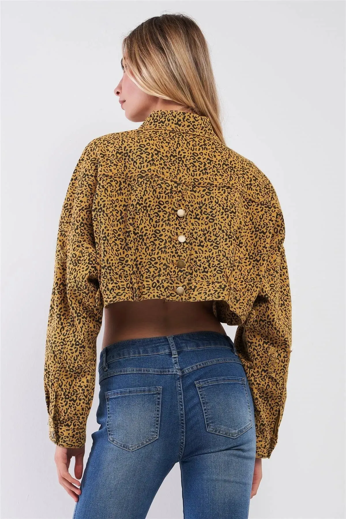 Street Retro Mustard & Black Leopard Print Balloon Sleeve Distressed Crop Jacket /3-2-1