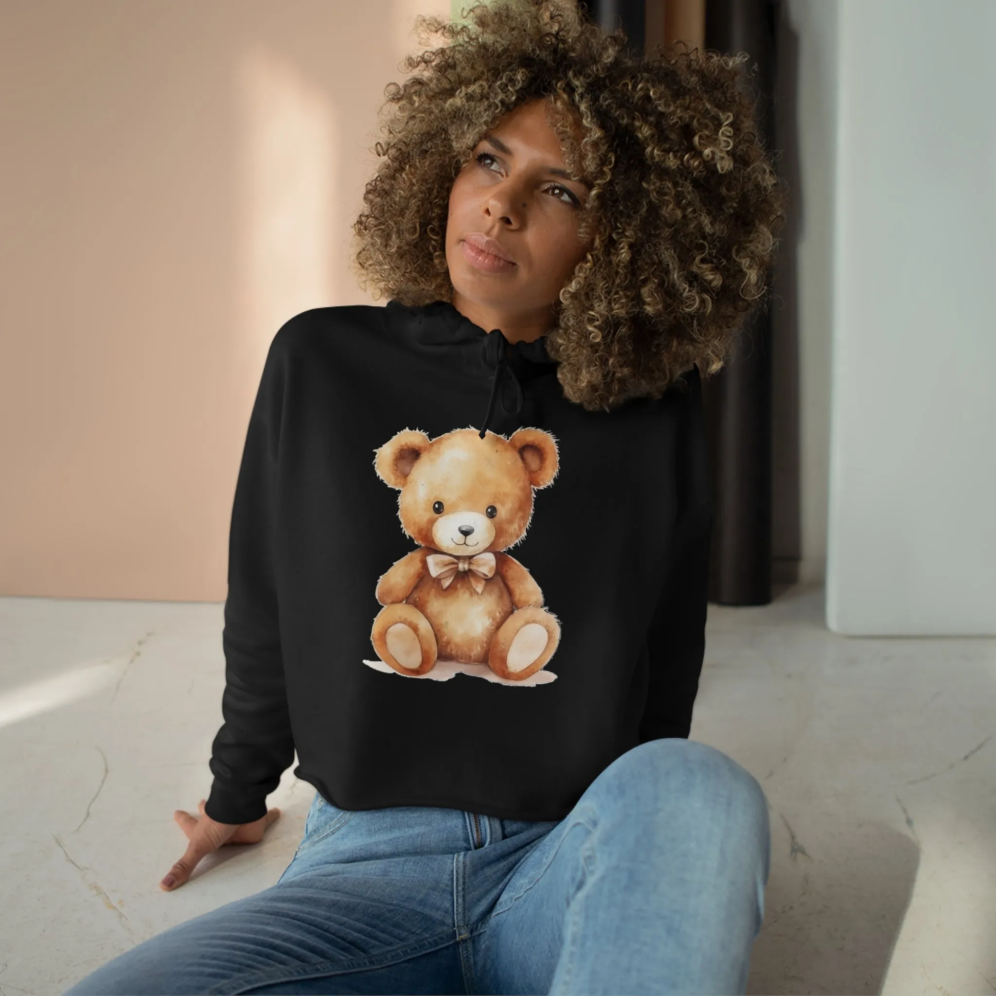 Teddy Bear Women Cropped Hoodie, Ladies Aesthetic Graphic Hooded Pullover Sweatshirt Crop Top