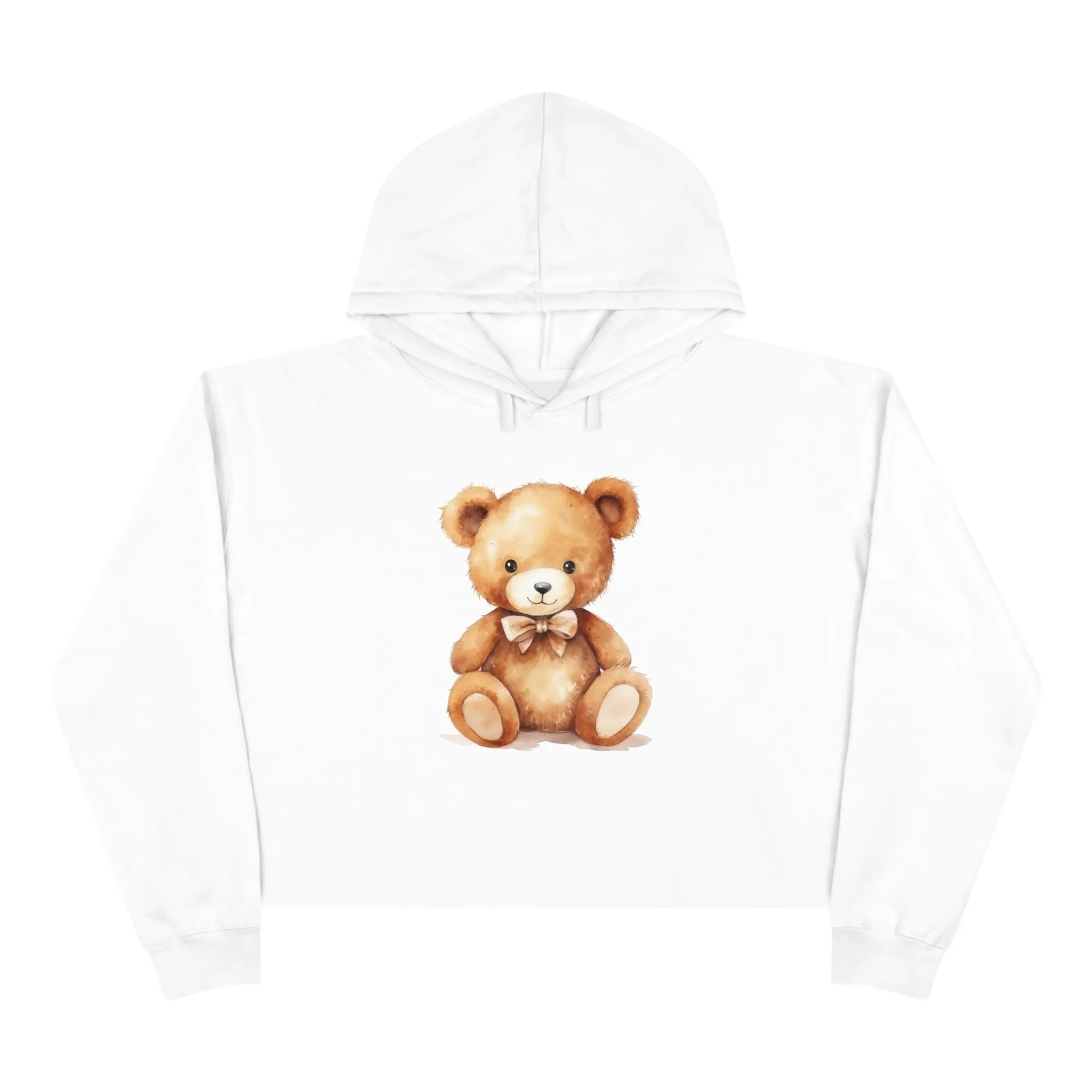 Teddy Bear Women Cropped Hoodie, Ladies Aesthetic Graphic Hooded Pullover Sweatshirt Crop Top