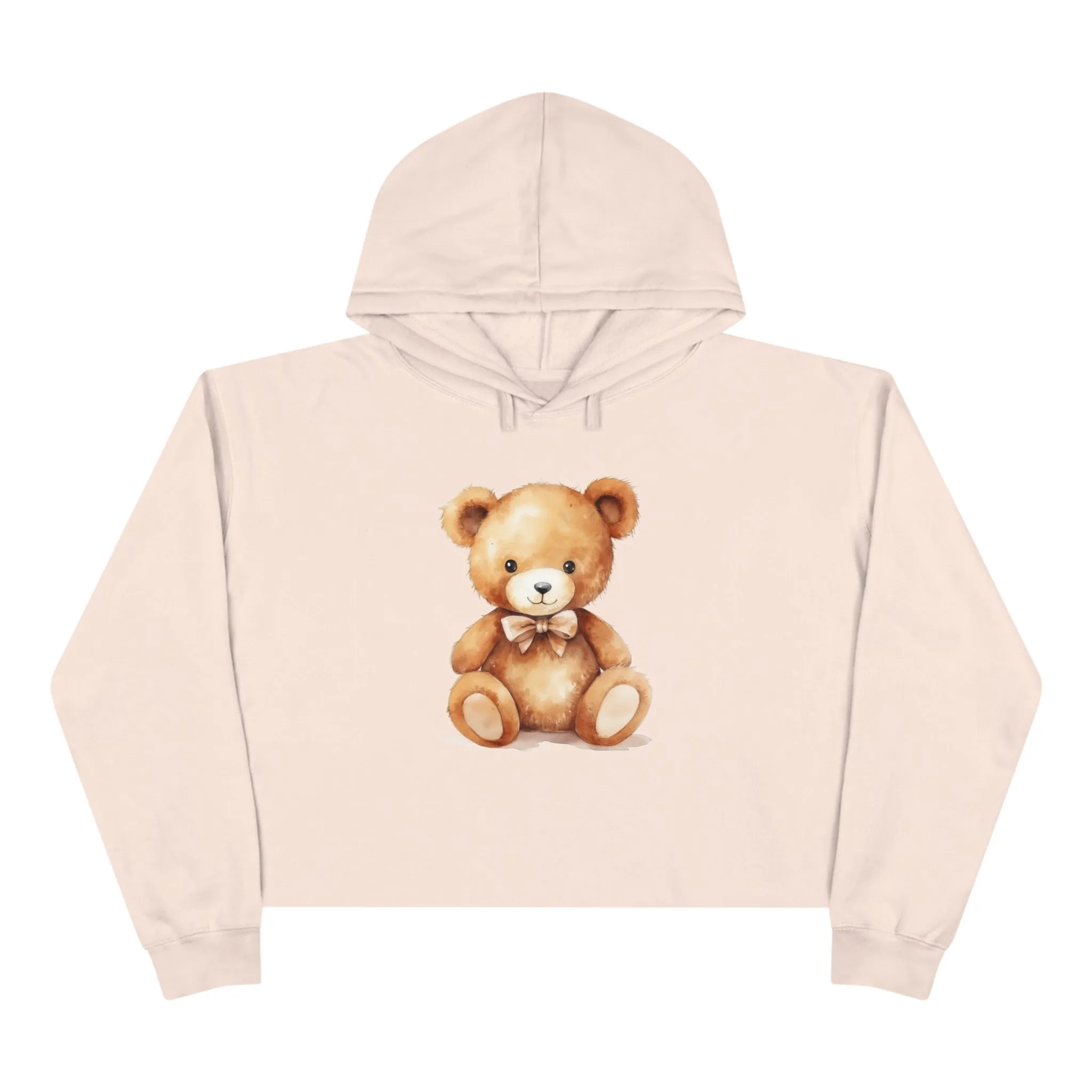 Teddy Bear Women Cropped Hoodie, Ladies Aesthetic Graphic Hooded Pullover Sweatshirt Crop Top