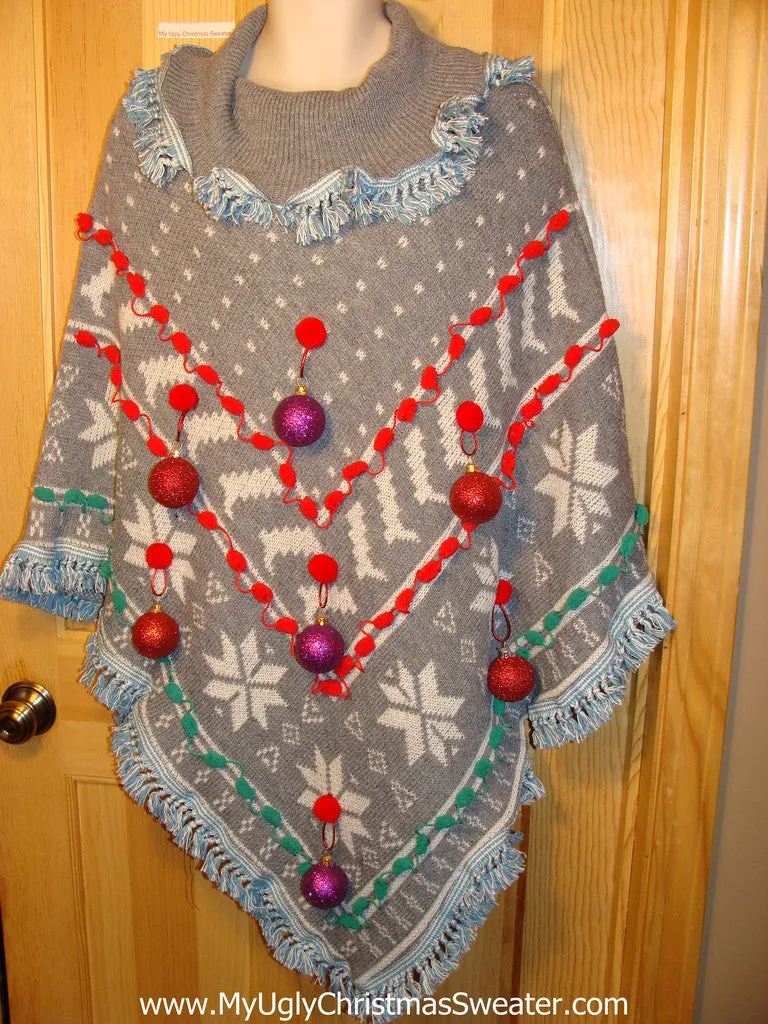 Ugly Christmas Sweater Party Holy Grail of Ugly Sweater Poncho with 3D Ornaments and Fringe. Great Sweater Alternative for Mens XL, XXL or Mens XXXL  (z16)