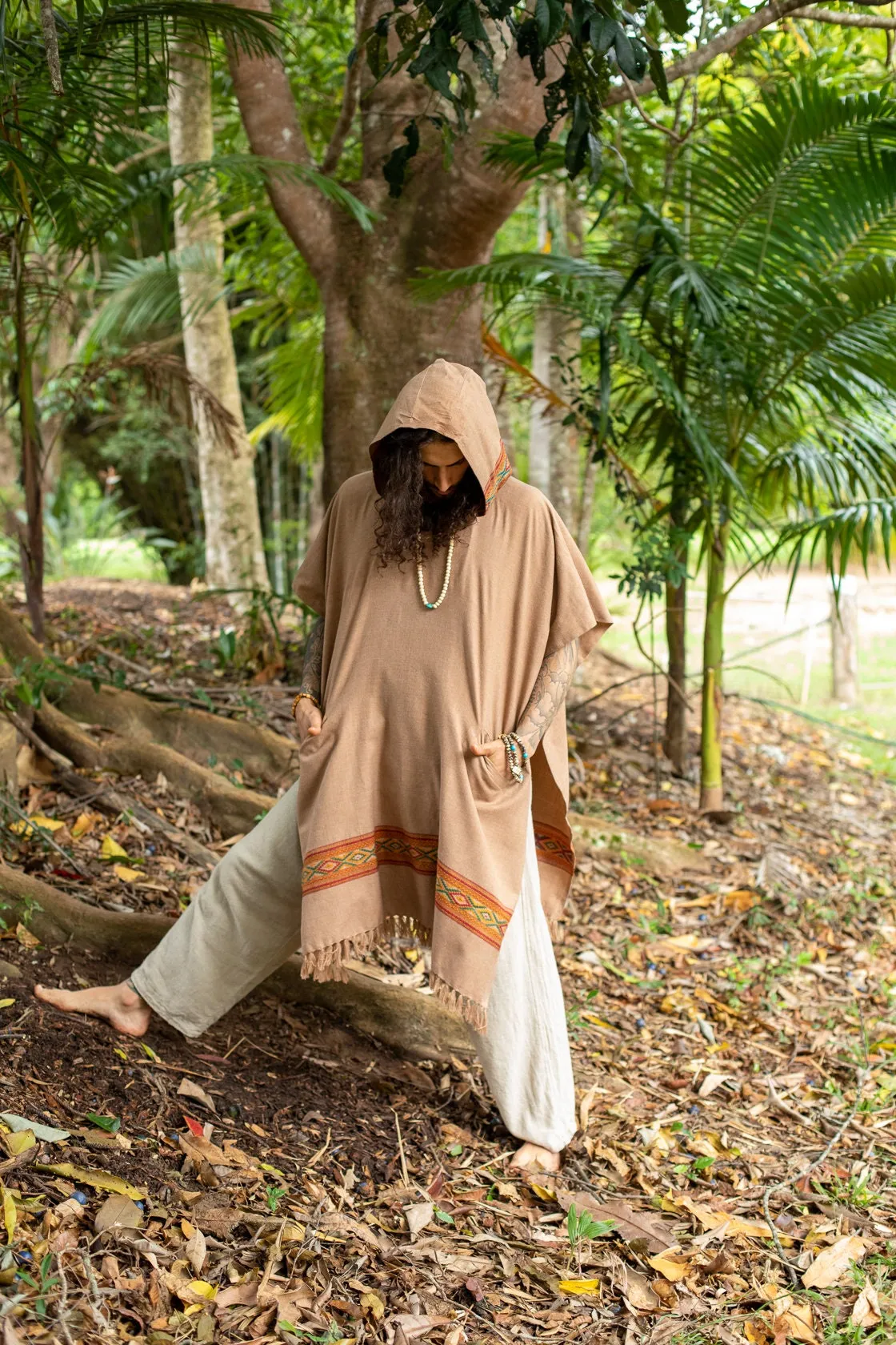 UPEKKHA Brown Mens Hooded Poncho Long Cashmere and Acrylic Wool with Tribal Embroidery, Large Hood, Pockets, Hippie, Primitive, Boho, AJJAYA