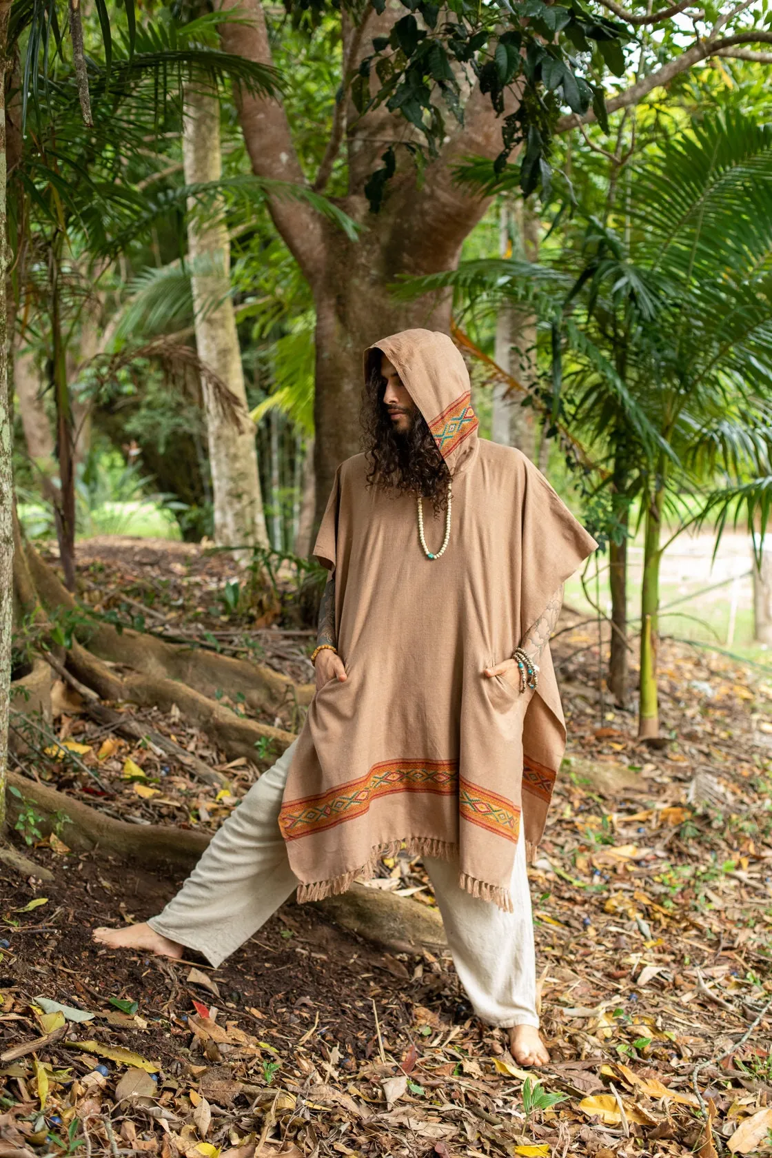 UPEKKHA Brown Mens Hooded Poncho Long Cashmere and Acrylic Wool with Tribal Embroidery, Large Hood, Pockets, Hippie, Primitive, Boho, AJJAYA