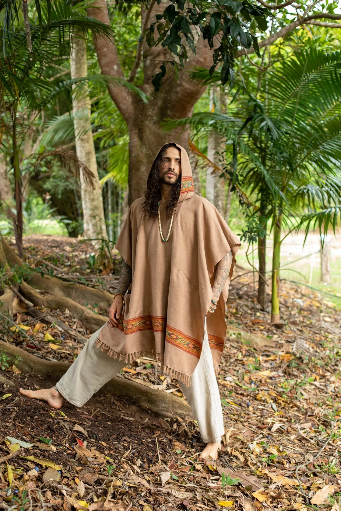 UPEKKHA Brown Mens Hooded Poncho Long Cashmere and Acrylic Wool with Tribal Embroidery, Large Hood, Pockets, Hippie, Primitive, Boho, AJJAYA