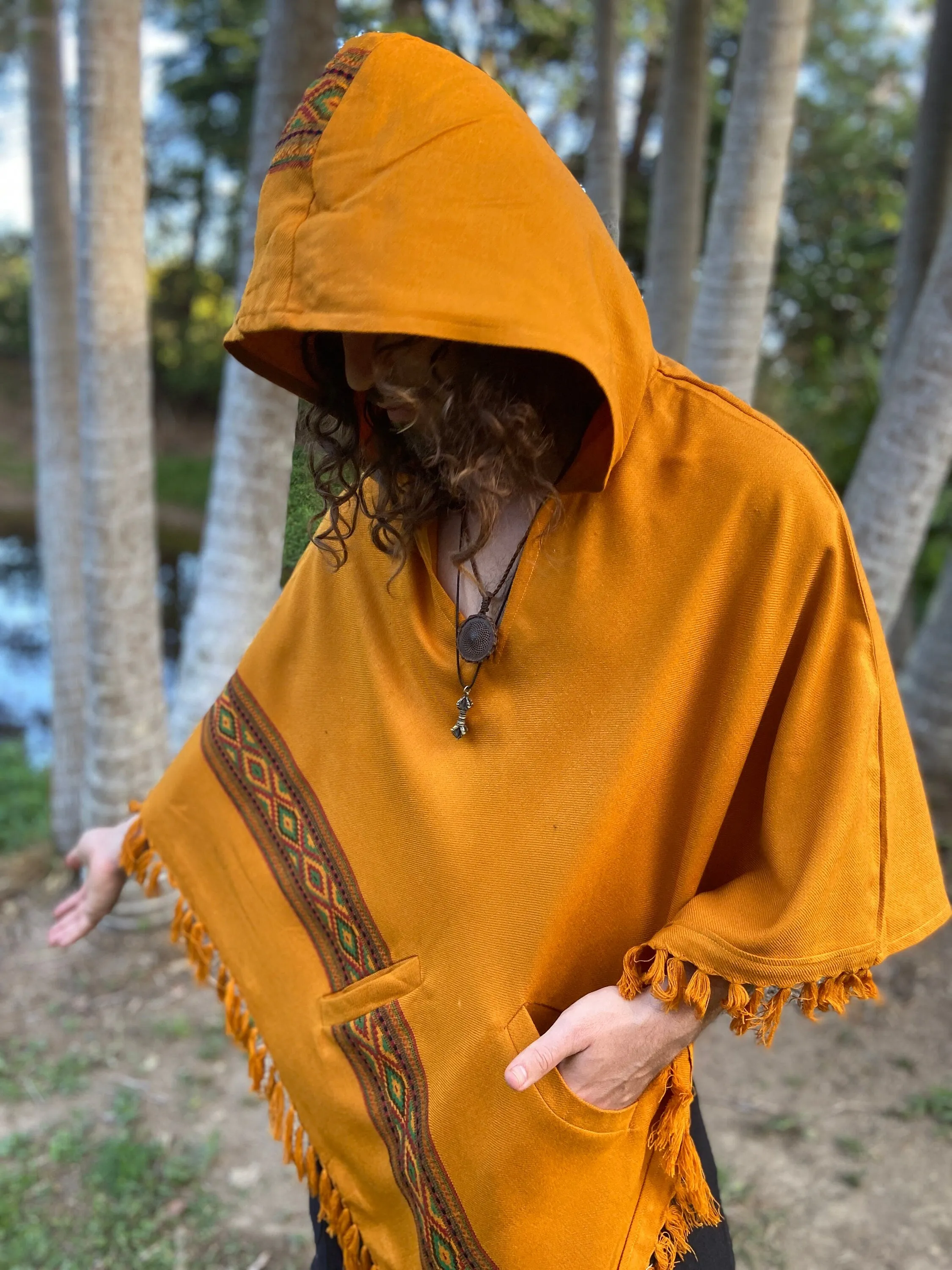 UPEKKHA Hooded Poncho with Hood Turmeric Orange Handwoven Pockets Cashmere and Acrylic Wool Tibetan Zen Embroidery Primitive Mexican AJJAYA