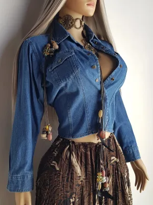 Vintage Cowgirl Cropped Denim Jacket / Blouse in Heavy Tailored Blue Denim - Collared with Button Front & Panelling for an Hourglass Fit