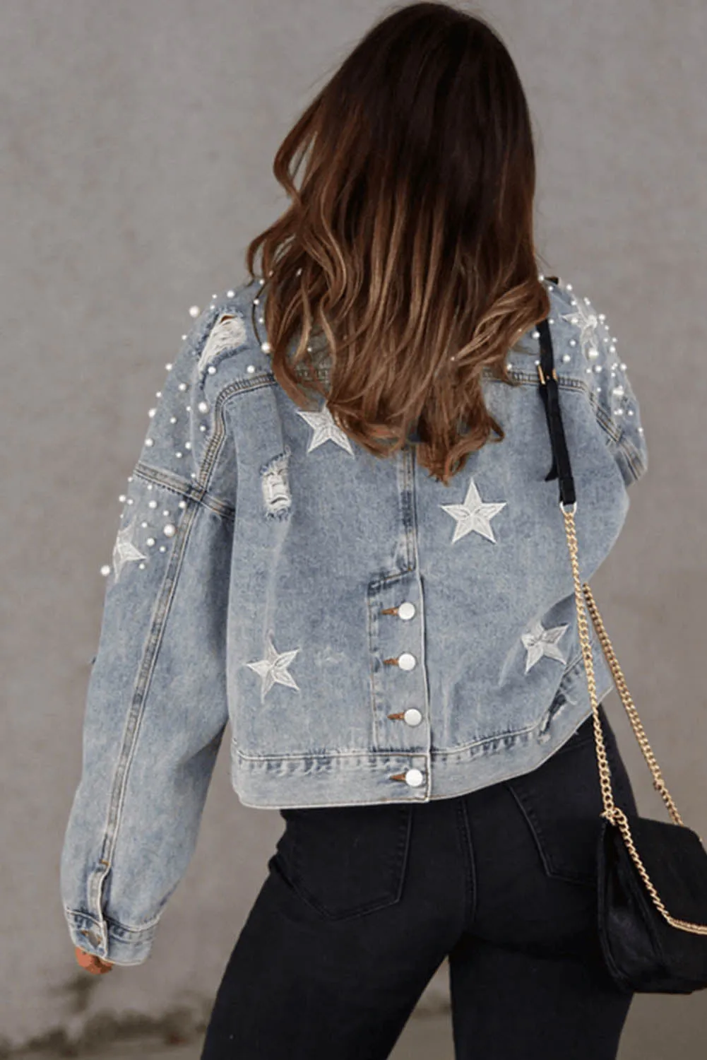 Wholesale Sky Blue Distressed Pearls Star Cropped Denim Jacket