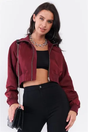 Wine Cropped Raglan Balloon Sleeve Rib Knit Cuff Bomber Jacket /2-2-1