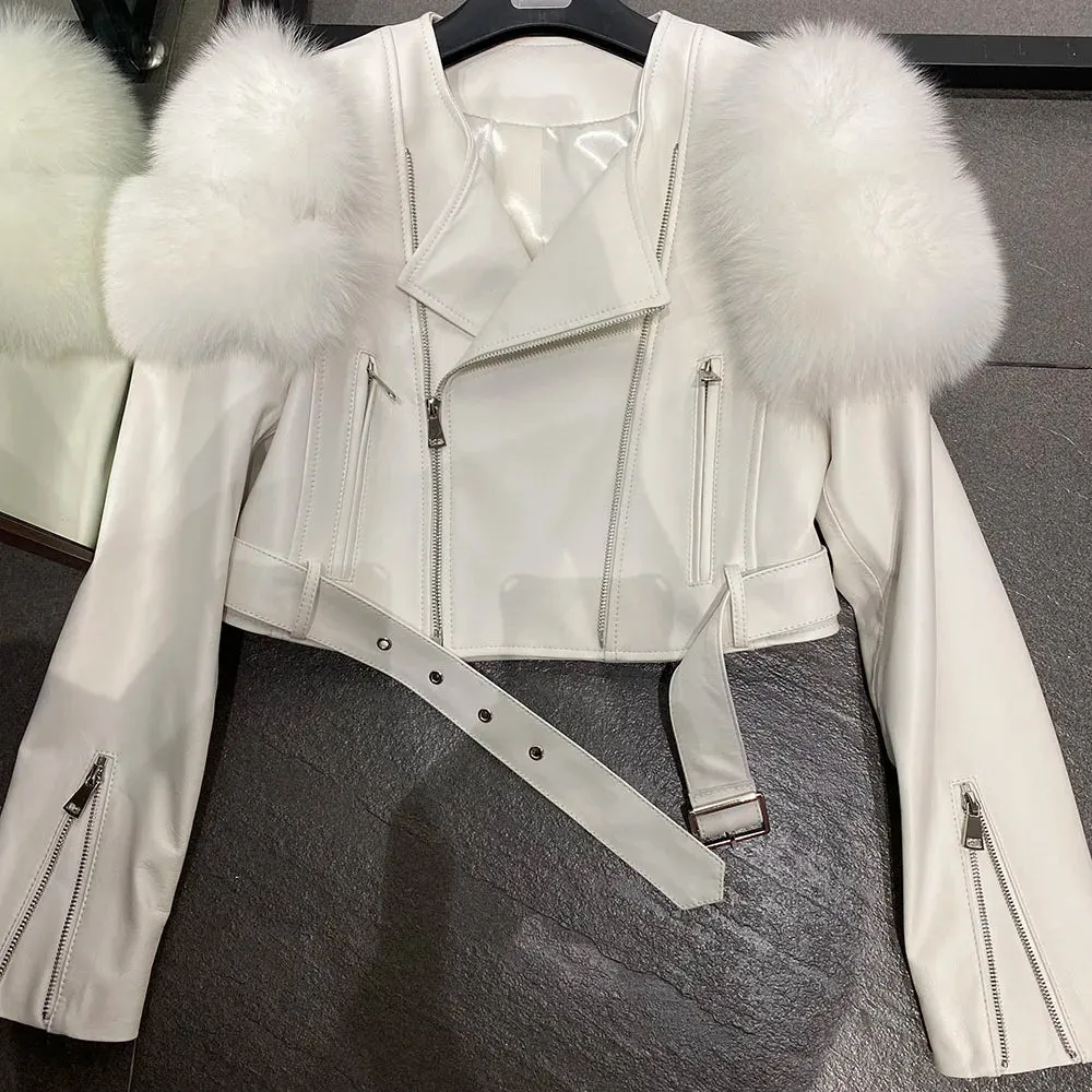 Women's Genuine Fox Fur Leather Winter Jacket Coat