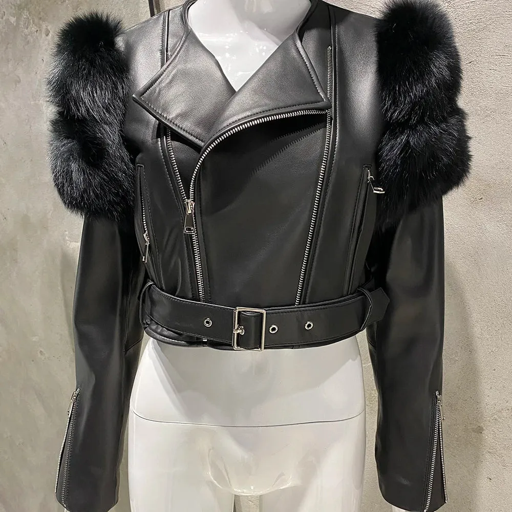 Women's Genuine Fox Fur Leather Winter Jacket Coat