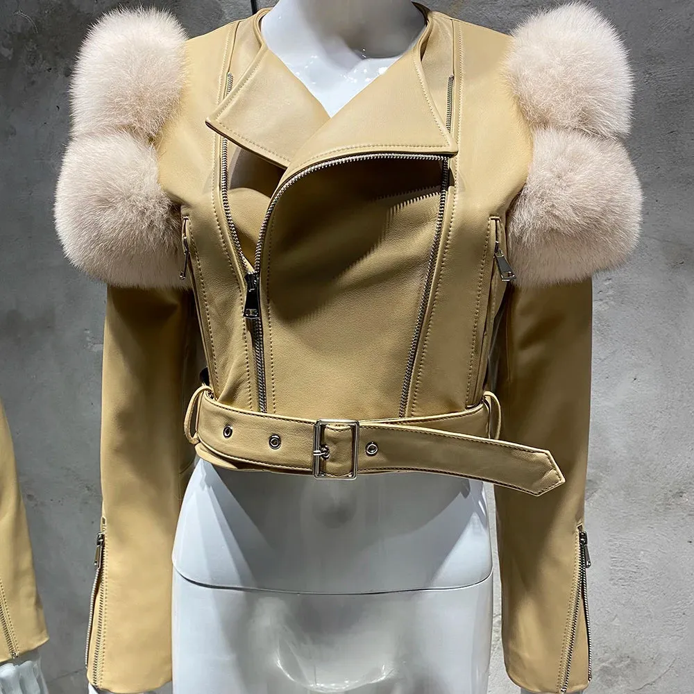 Women's Genuine Fox Fur Leather Winter Jacket Coat