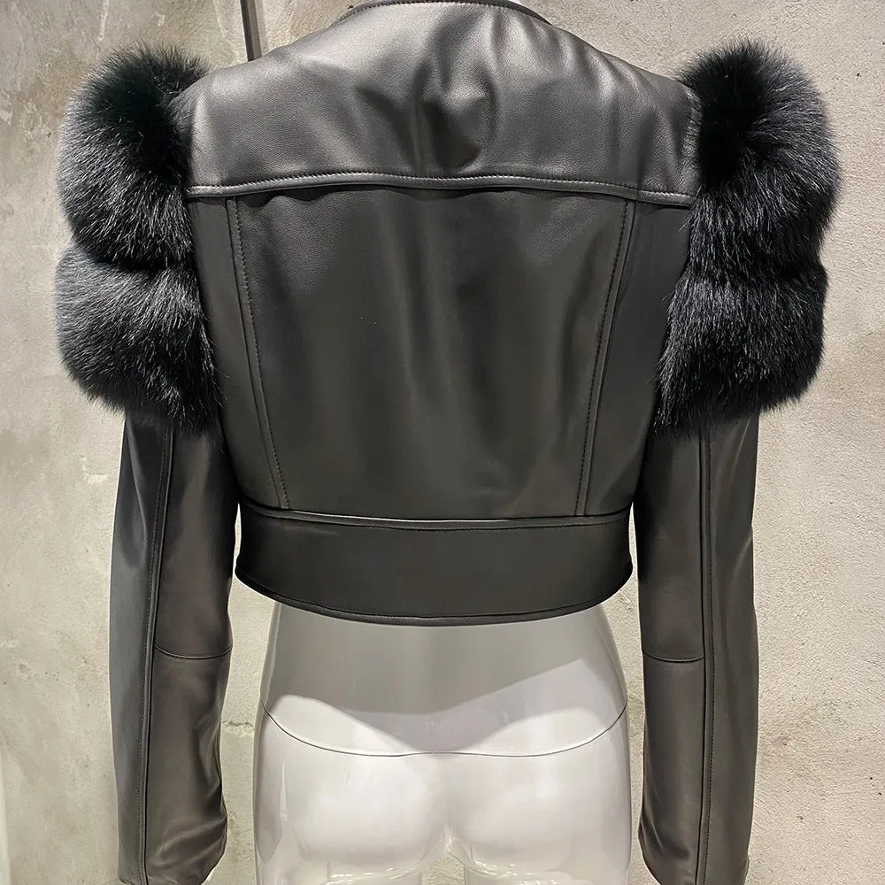 Women's Genuine Fox Fur Leather Winter Jacket Coat