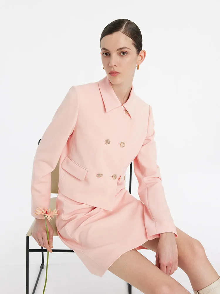 Worsted Wool Double-Breasted Crop Jacket And Skirt Two-Piece Suit